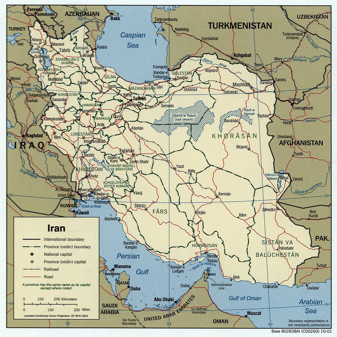 Public-domain 2001 CIA map showing Iran’s outline, cities, roads, and surrounding geography