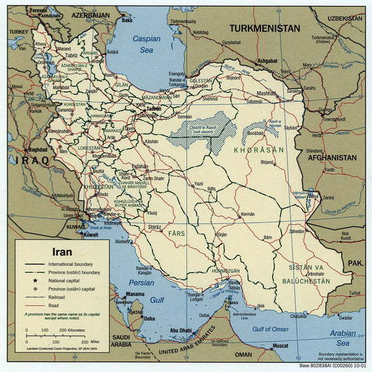 Public-domain 2001 CIA map showing Iran’s outline, cities, roads, and surrounding geography
