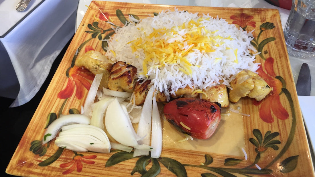 Joojeh kabab, an Iranian saffron chicken dish, served at a Nowruz gathering in Washington, D.C.