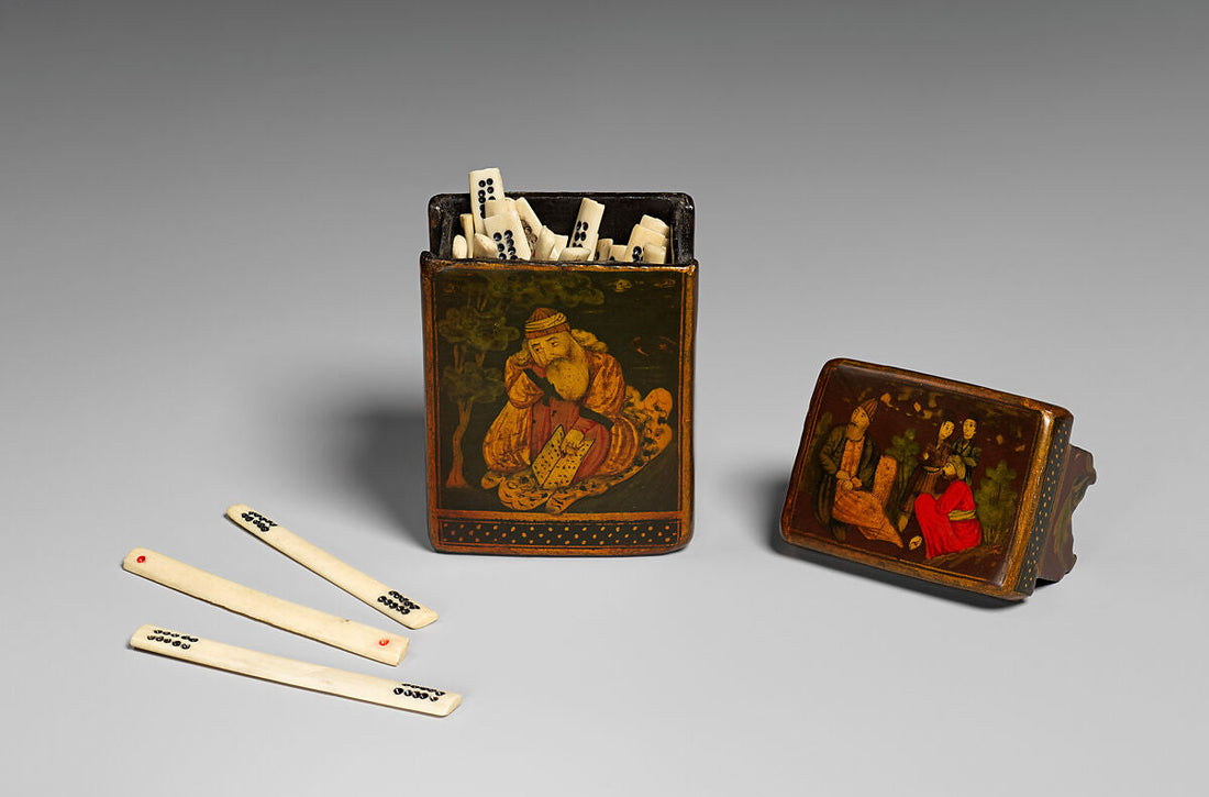 Mid-19th-century Qajar lacquer game box and bone playing cards made in Iran