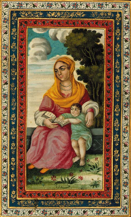 Qajar Iranian painting of a mother and child, early 19th century