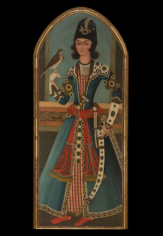Qajar Iranian prince wearing a red sash with boteh paisley motifs, Iran, circa 1820