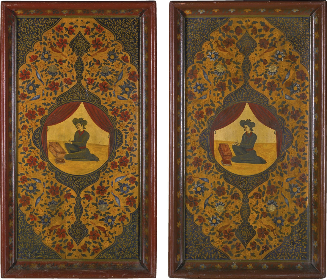 A pair of painted Qajar wedding trays made in 19th-century Persia