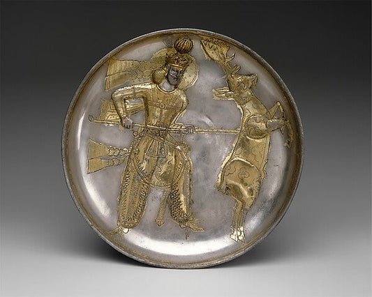 Sasanian silver plate from Iran showing King Yazdgard I hunting a stag, circa 399–420 CE
