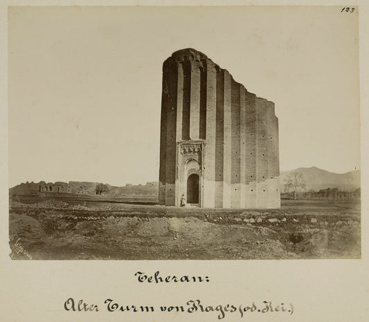 Historic Iranian photograph of Tughrul Tower at Ray with Mount Damavand in the distance