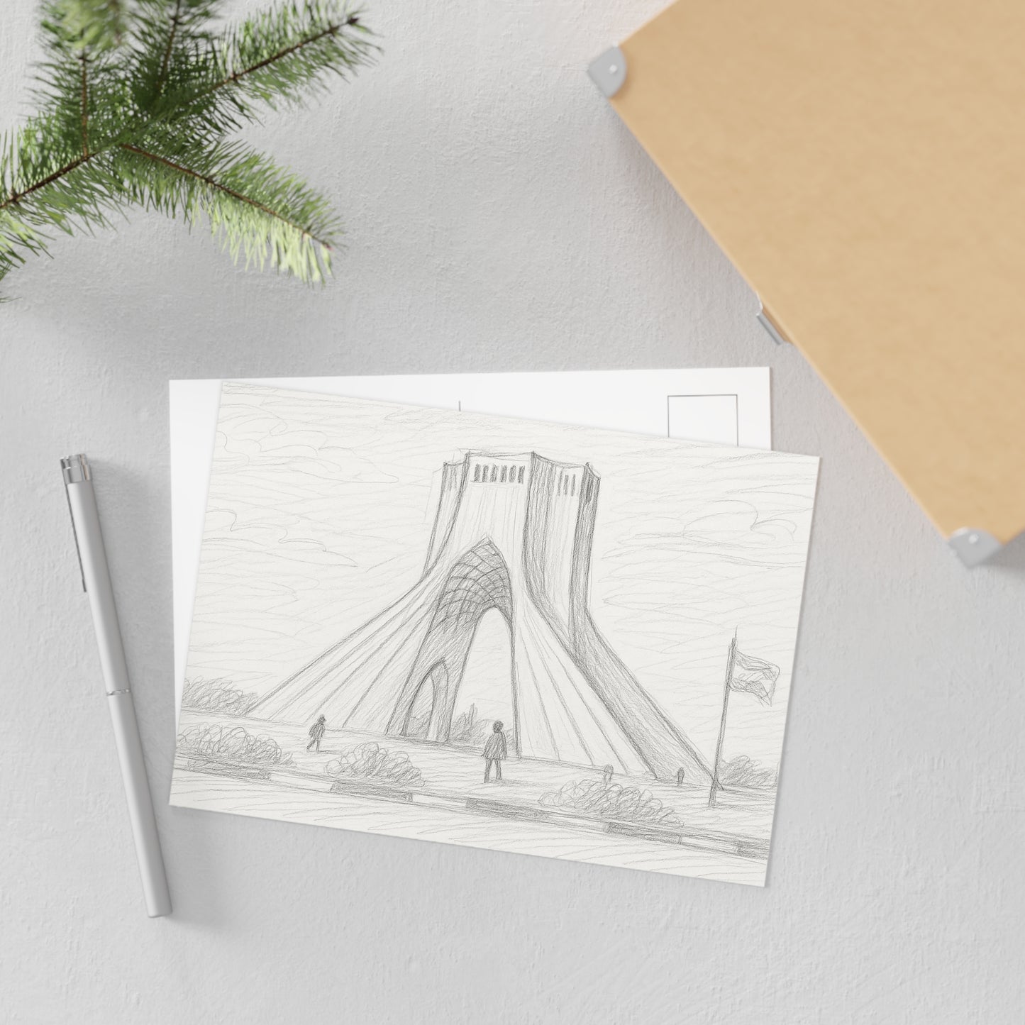 Postkarten mit Bleistiftskizzen des Azadi-Turms – Postkartenset mit Motiven von Sehenswürdigkeiten der bildenden Kunst