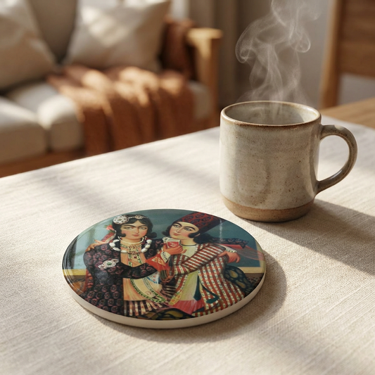 Ceramic mug with steam on a table next to a colorful coaster with persian qajar artistic design