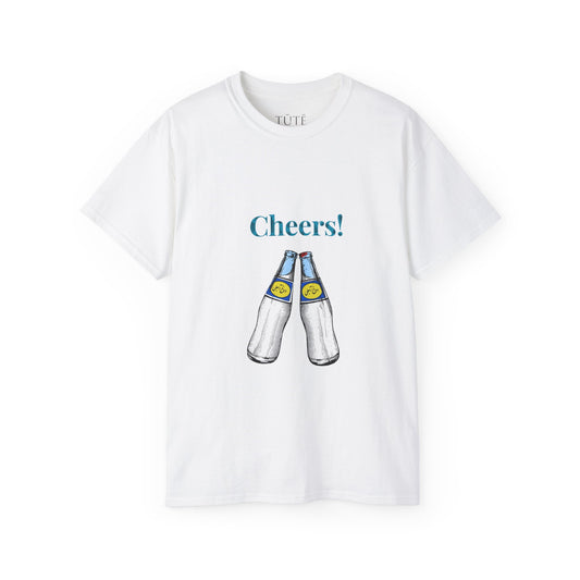 White t-shirt with beer bottles and 'Cheers!' text on a white background