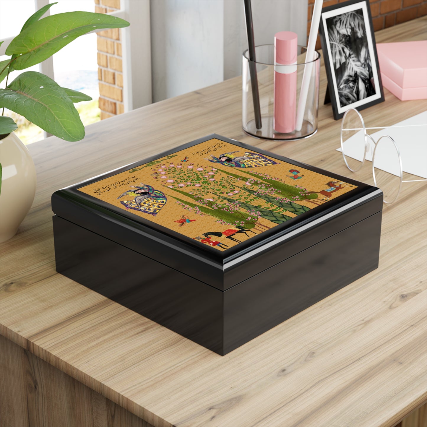 Persian Miniature Jewelry Box — Floral Cypress & Angel Motif