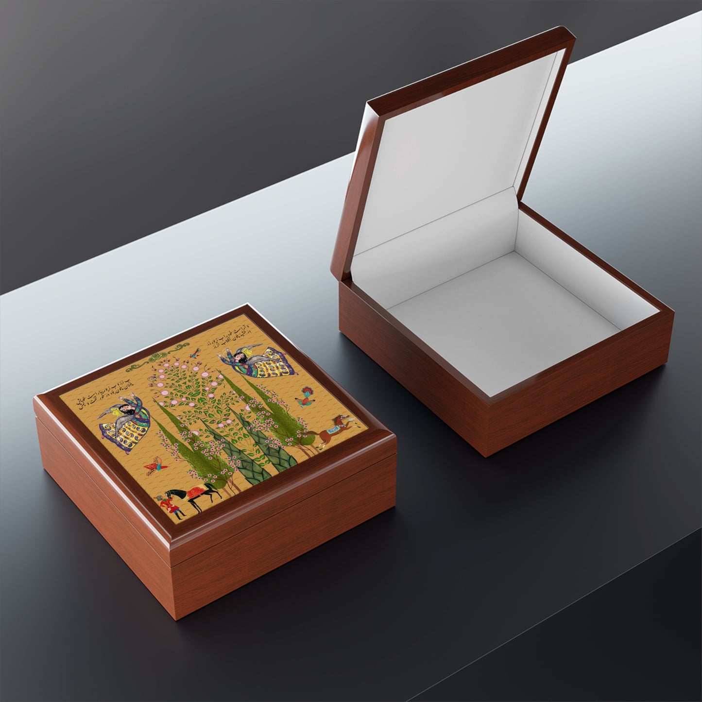 Persian Miniature Jewelry Box — Floral Cypress & Angel Motif