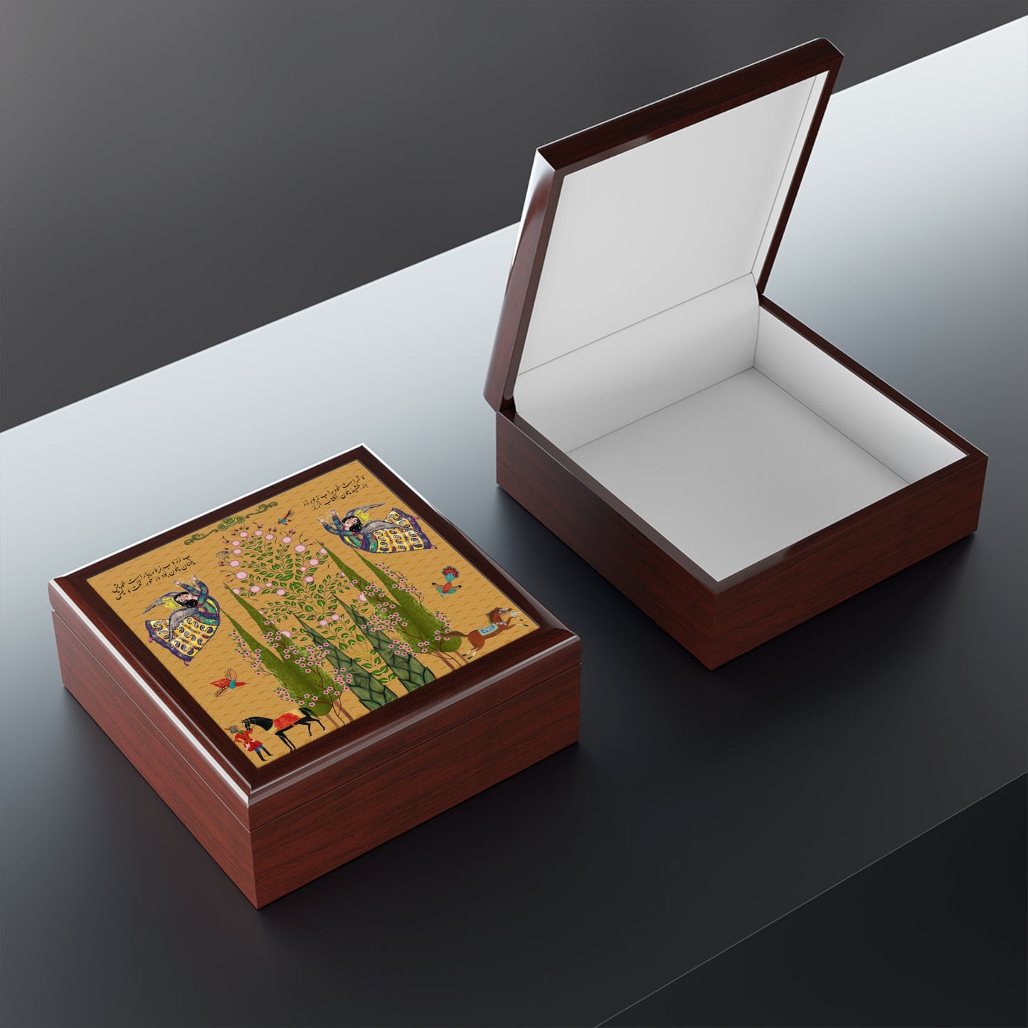 Persian Miniature Jewelry Box — Floral Cypress & Angel Motif