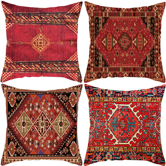 Turkish–Persian Red Pattern Pillow Cover – Bohemian Linen Cushion (45×45 cm)